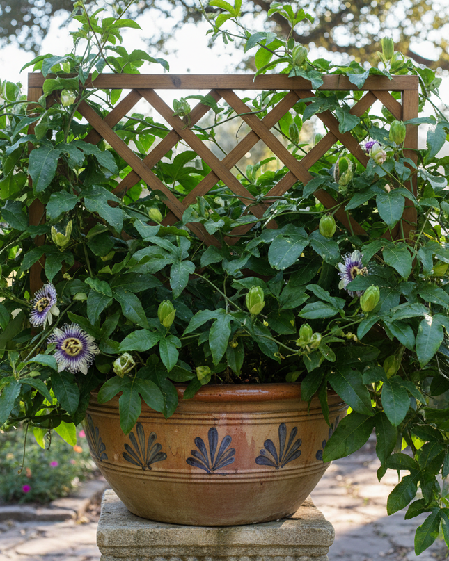 Panama Passion Fruit Plant In container with trellis 