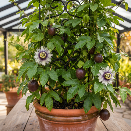 Possum Purple Passion Fruit Plant In container with trellis 