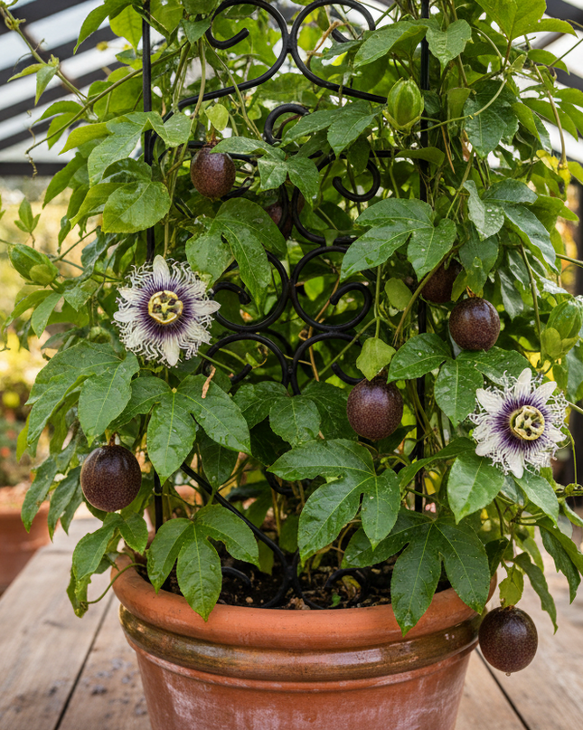 Possum Purple Passion Fruit Plant In container with trellis 